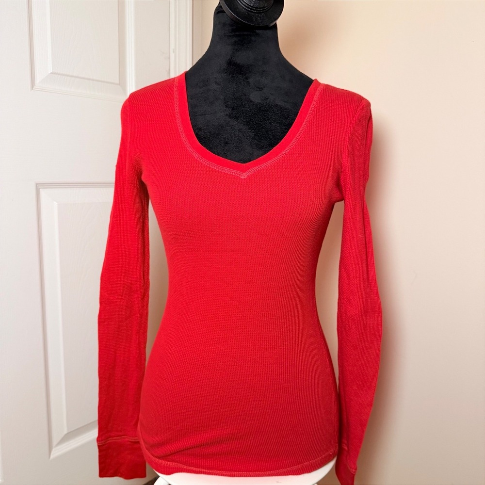 VTG OP Red Henley Long Sleeve Basic Shirt V Neck Y2K 90s Top Cotton SZ S